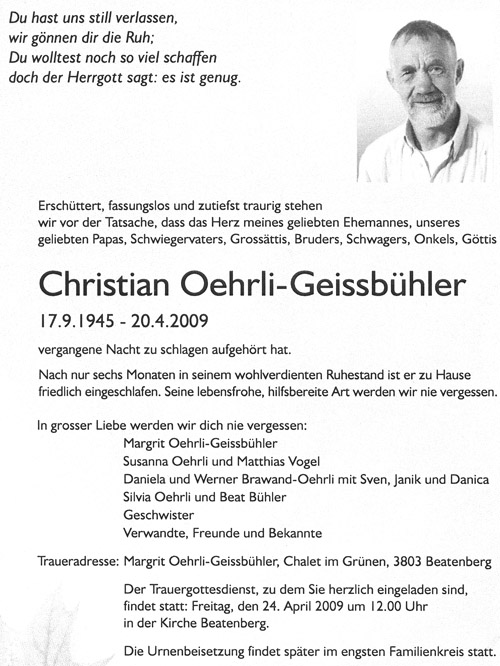 Todesanzeige von Chrigel Oherli